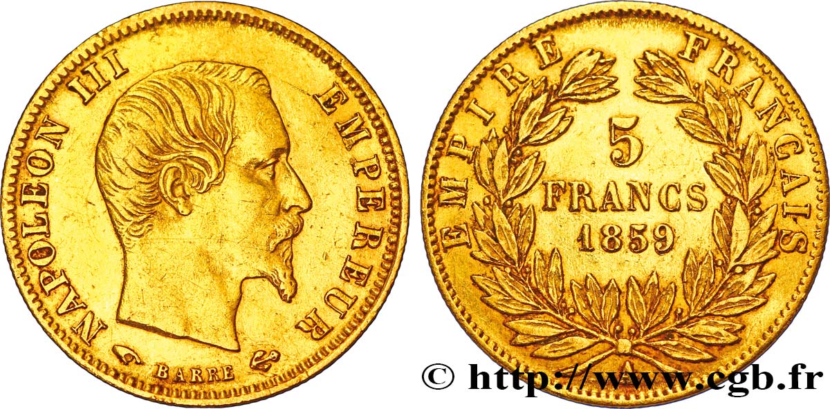 5 francs or Napoléon III, tête nue, grand module 1859 Paris F.501/7 XF45 