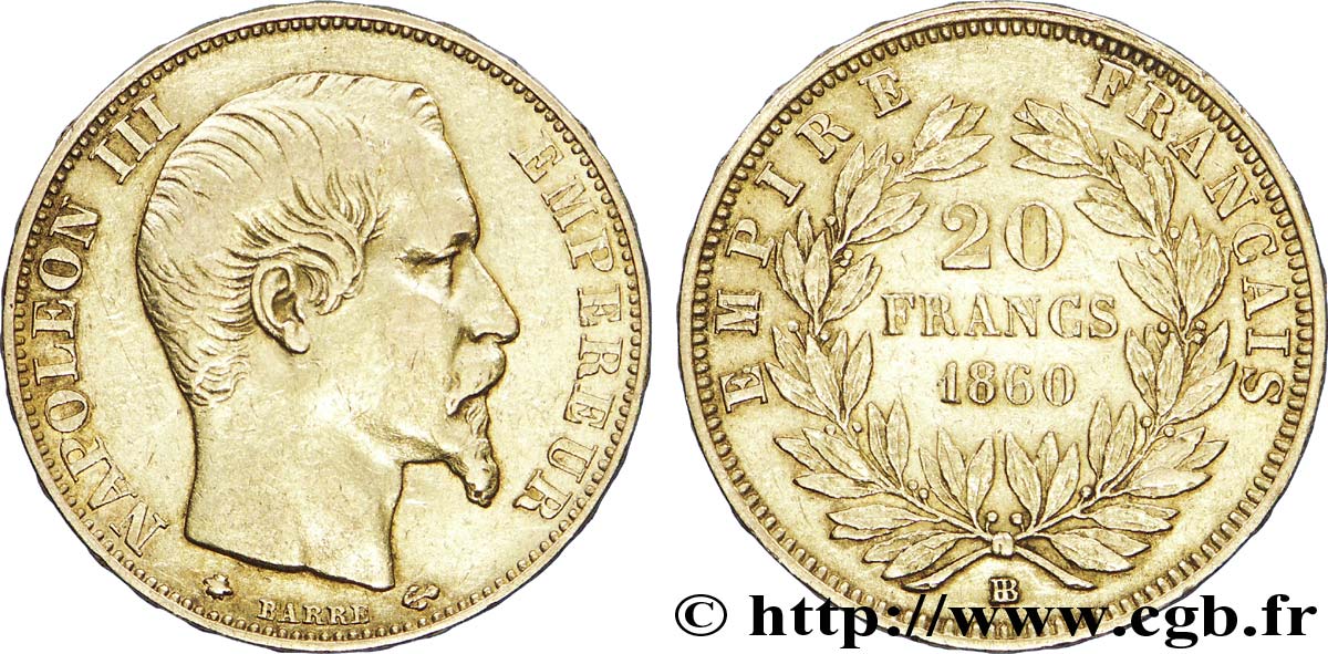 20 francs or Napoléon III, tête nue 1860 Strasbourg F.531/20 TTB45 