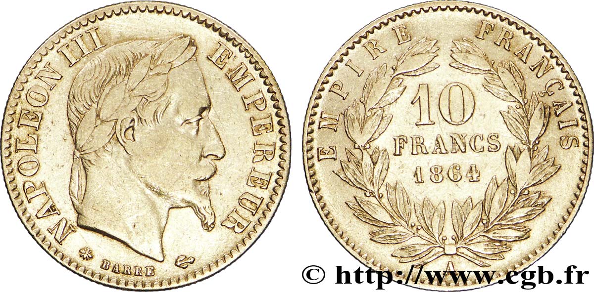 10 francs or Napoléon III, tête laurée 1864 Paris F.507A/6 TTB45 