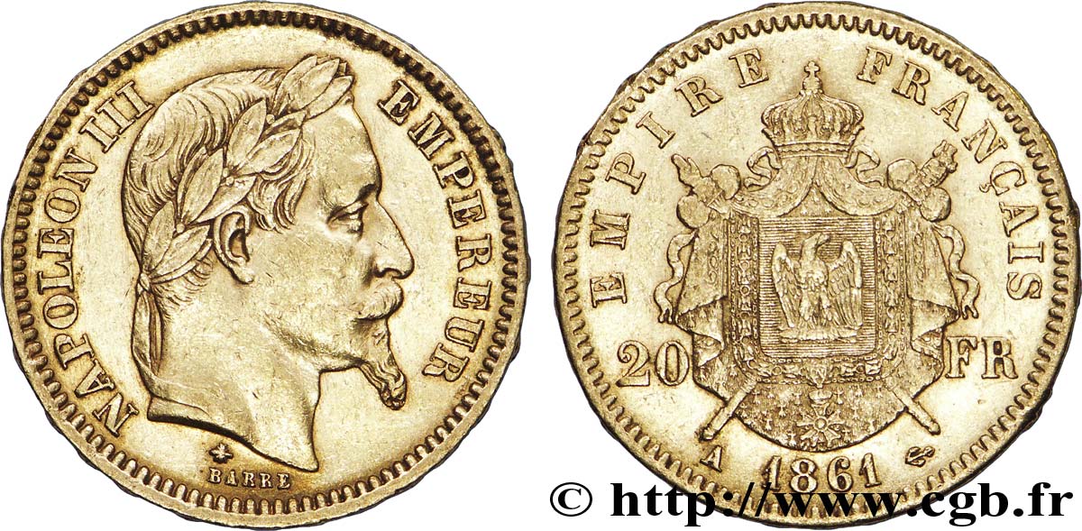 20 francs or Napoléon III, tête laurée 1861 Paris F.532/1 SS50 