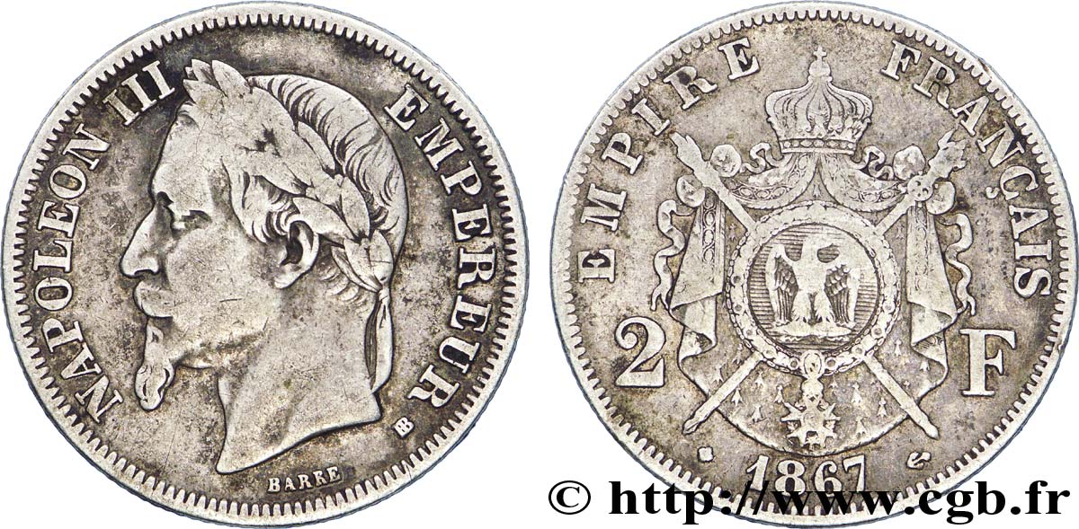 2 francs Napoléon III, tête laurée 1867 Strasbourg F.263/6 F15 