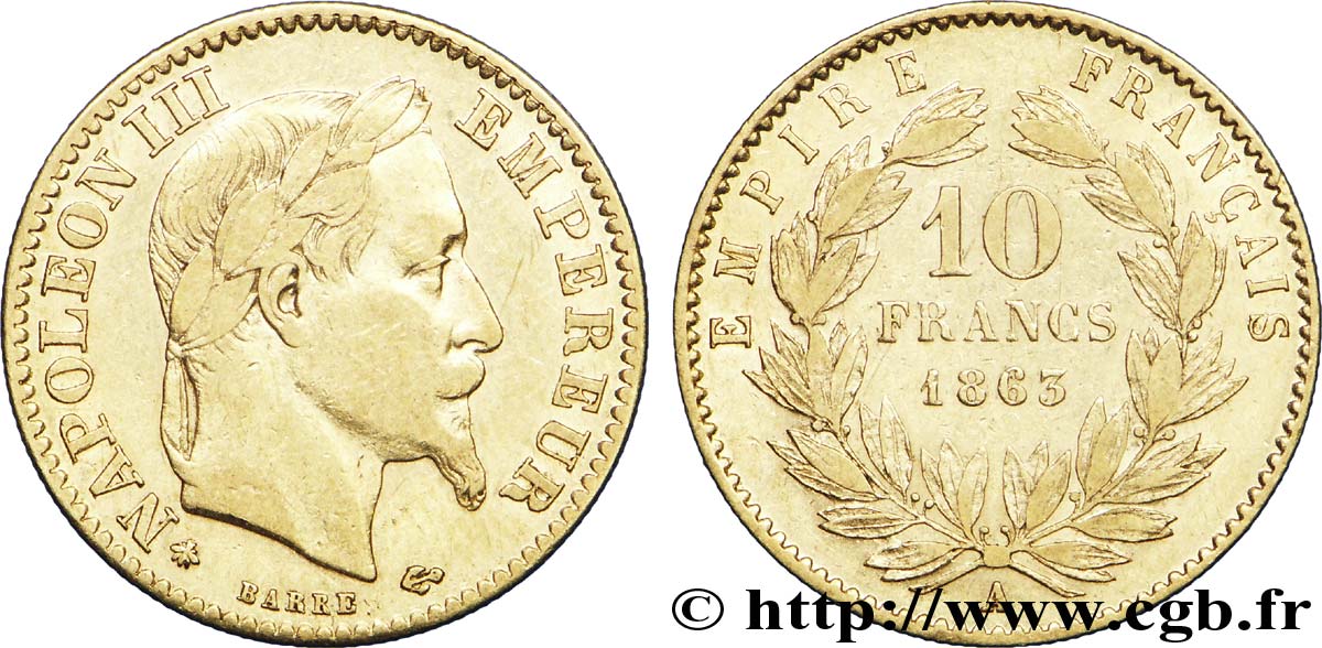 10 francs or Napoléon III, tête laurée 1863 Paris F.507A/3 XF45 