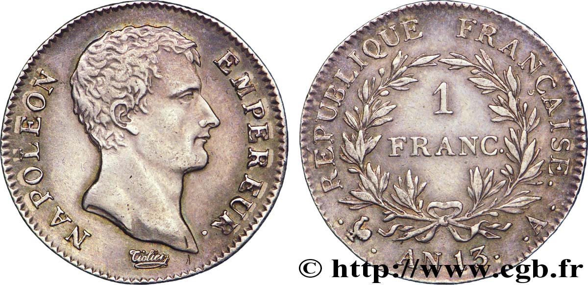 1 franc Napoléon Empereur, Calendrier révolutionnaire 1805 Paris F.201/14 AU58 