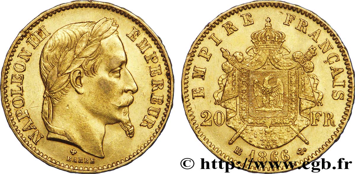 20 francs or Napoléon III, tête laurée 1866 Strasbourg F.532/14 AU52 