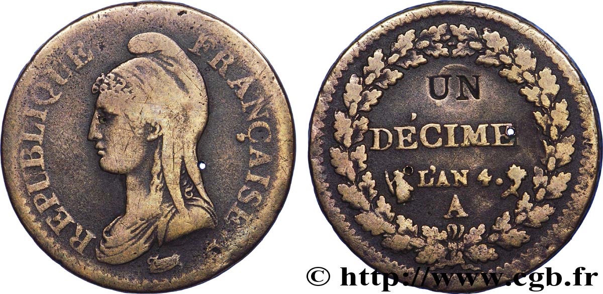 Un décime Dupré, modification du 2 décimes 1796 Paris F.127/1 S35 