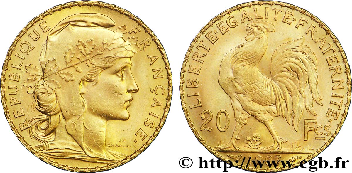 20 francs or Coq, Liberté Égalité Fraternité 1907 Paris F.535/1 MS60 
