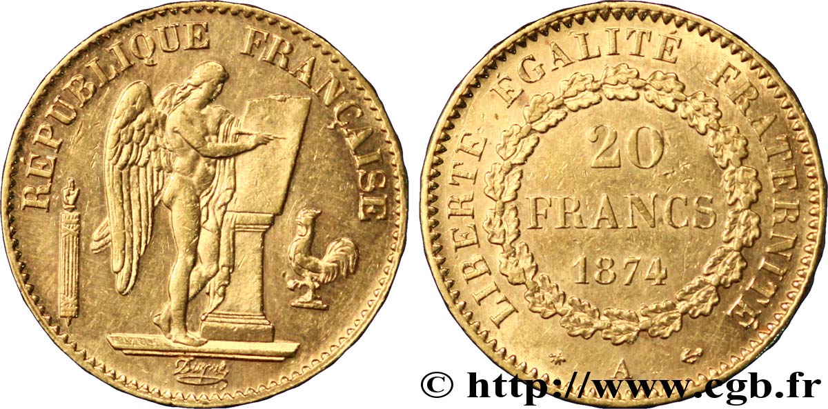 20 francs or Génie, Troisième République 1874 Paris F.533/2 SUP55 