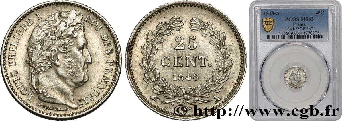 25 centimes Louis-Philippe 1848 Paris F.167/12 fST63 PCGS