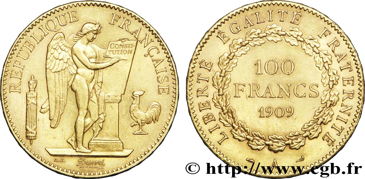 100 francs or Génie, tranche inscrite en relief Liberté Égalité Fraternité 1909 Paris F.553/3 SUP56 