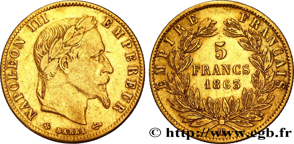 5 francs or Napoléon III, tête laurée 1863 Strasbourg F.502/4 TB35 
