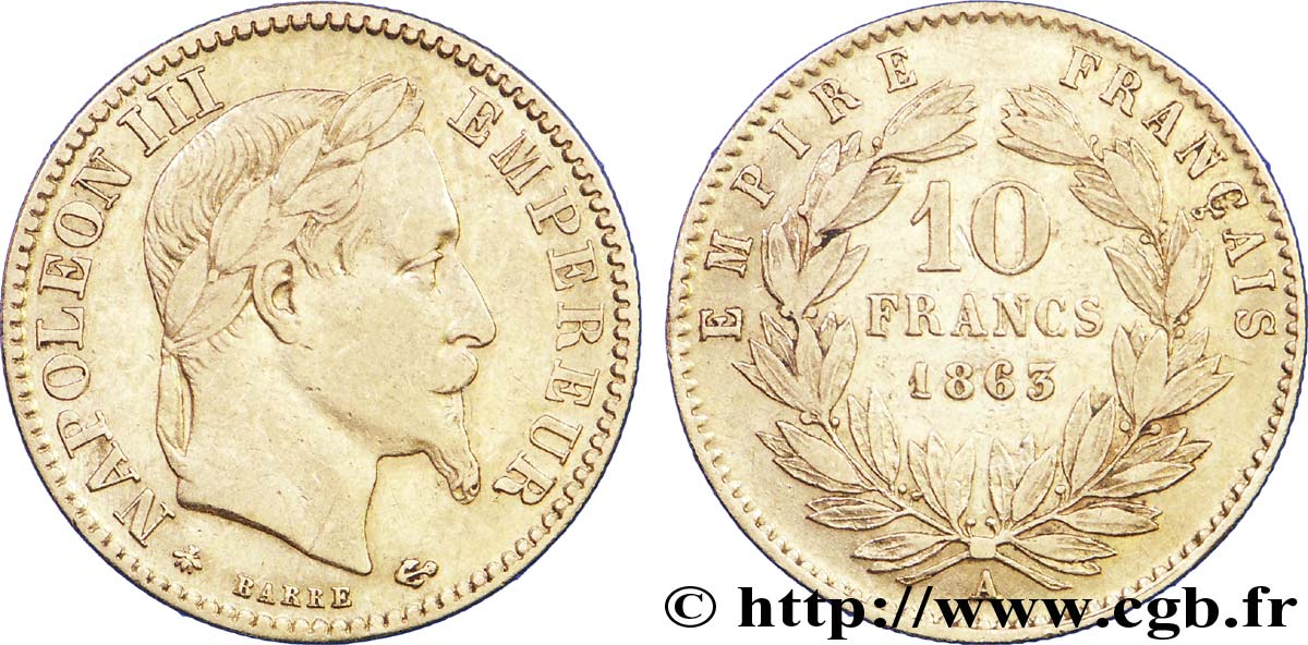 10 francs or Napoléon III, tête laurée 1863 Paris F.507A/3 TTB48 