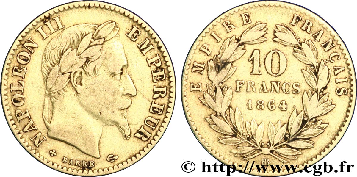 10 francs or Napoléon III, tête laurée 1864 Strasbourg F.507A/7 TTB40 