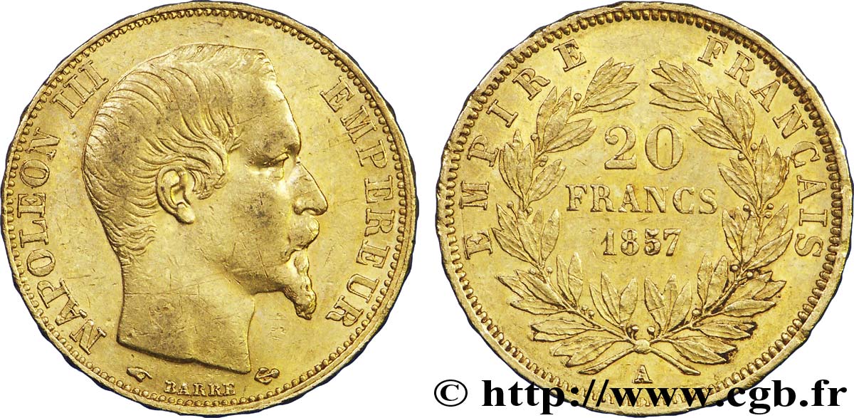 20 francs or Napoléon III, tête nue 1857 Paris F.531/12 AU50 