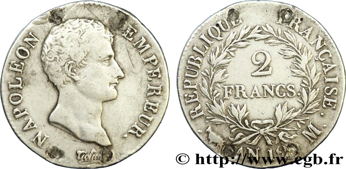 2 francs Napoléon Empereur, Calendrier révolutionnaire 1804 Toulouse F.251/8 MB35 