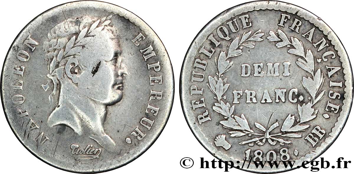 Demi-franc Napoléon Ier tête laurée, République française 1808 Strasbourg F.177/4 TB25 