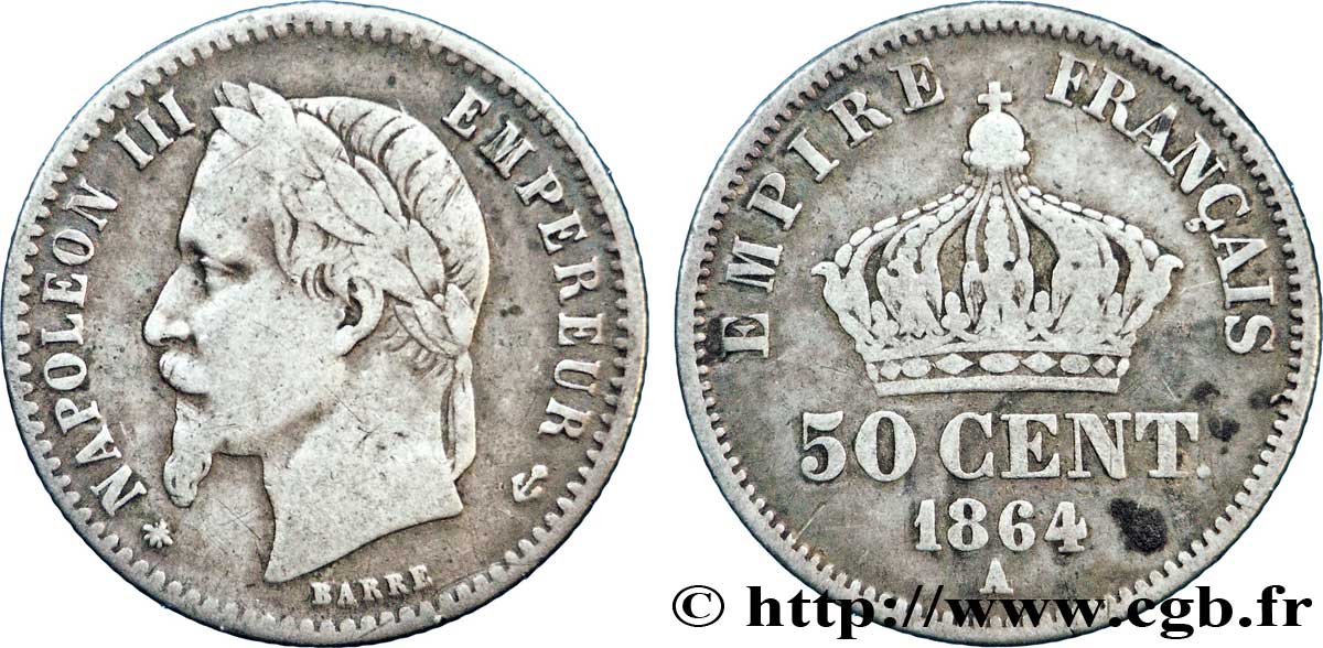 50 centimes Napoléon III, tête laurée 1864 Paris F.188/2 TB30 