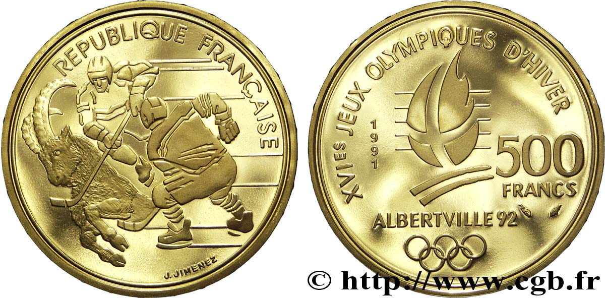 Belle Épreuve Or 500 francs - Albertville, Hockey sur glace/Bouquetin 1991  F.1807 1 FDC66 