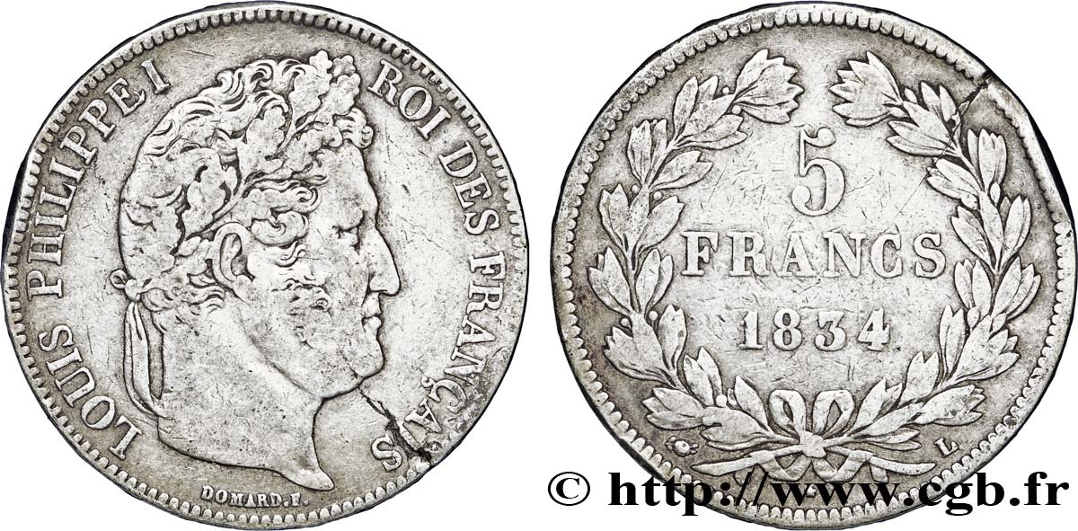 5 francs IIe type Domard 1834 Bayonne F.324/36 VF25 