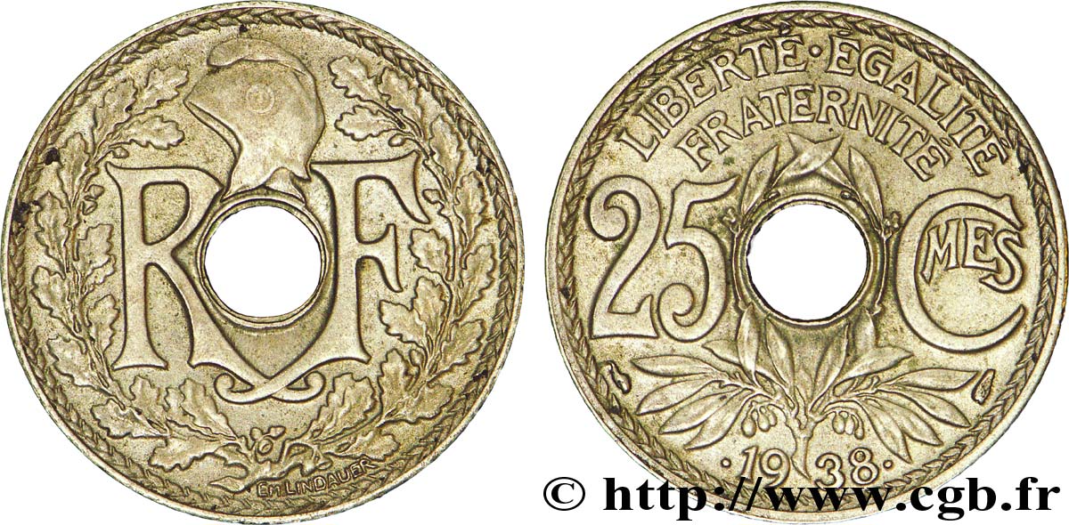 25 centimes Lindauer, maillechort 1938  F.172/2 SS45 