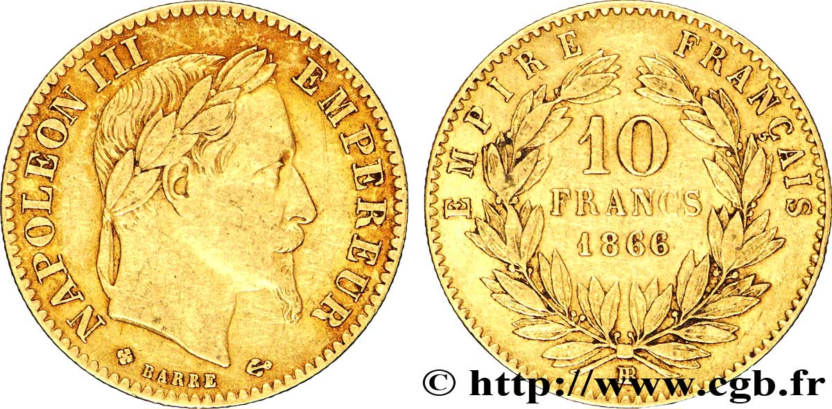 10 francs or Napoléon III, tête laurée 1866 Strasbourg F.507A/13 TTB42 