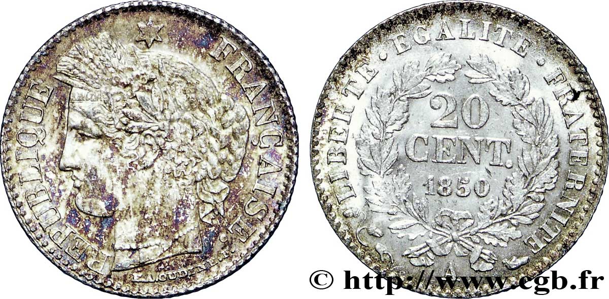 20 centimes Cérès, IIe République 1850 Paris F.146/2 SUP58 