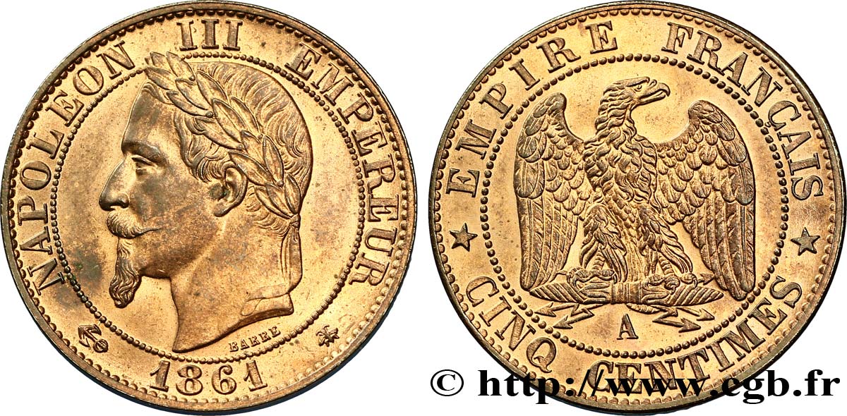 Cinq centimes Napoléon III, tête laurée 1861 Paris F.117/4 EBC60 