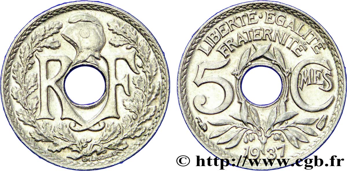5 centimes Lindauer, petit module 1937 Paris F.122/20 MS65 