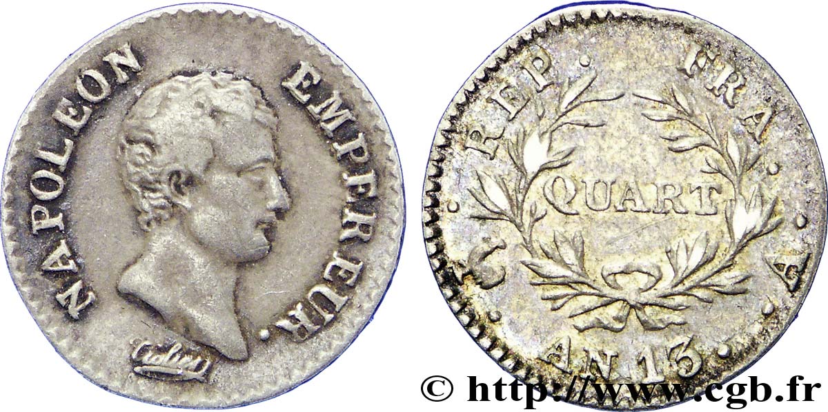 Quart (de franc) Napoléon Empereur, Calendrier révolutionnaire 1805 Paris F.158/8 BC25 