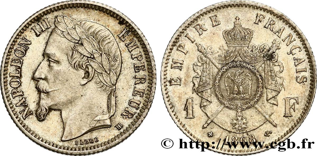 1 franc Napoléon III, tête laurée 1868 Strasbourg F.215/11 AU58 