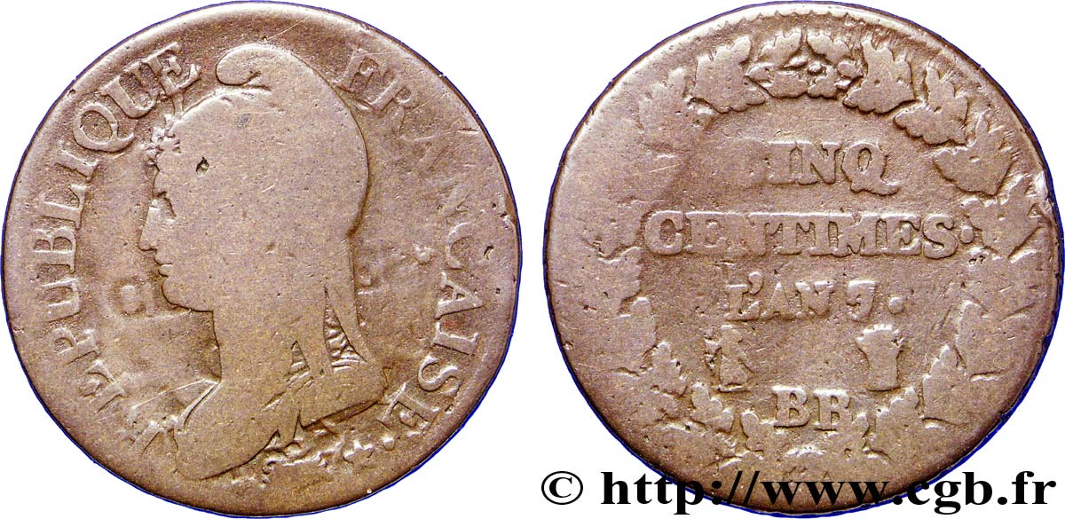 Cinq centimes Dupré, grand module, coin choqué 1799 Strasbourg F.115/61 VG10 