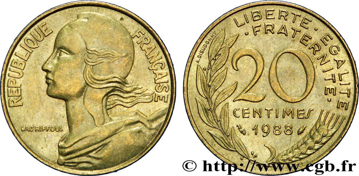 20 centimes Marianne 1988 Pessac F.156/28 AU54 