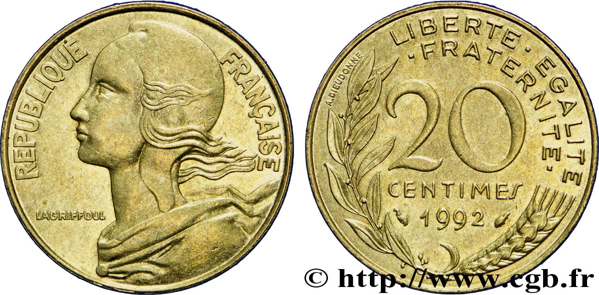 20 centimes Marianne 1992 Pessac F.156/33 AU50 