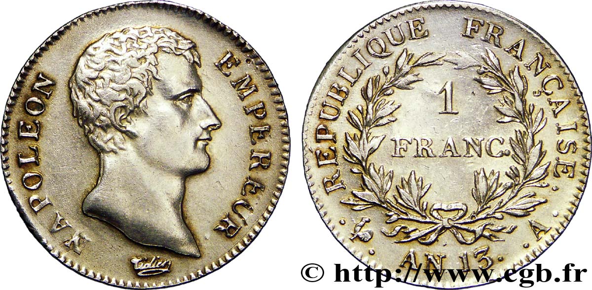 1 franc Napoléon Empereur, Calendrier révolutionnaire 1805 Paris F.201/14 TTB48 