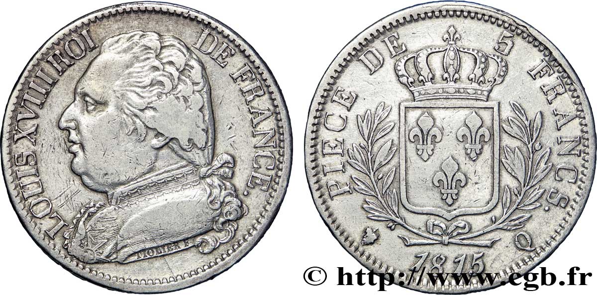 5 francs Louis XVIII, buste habillé 1815 Perpignan F.308/29 SS40 