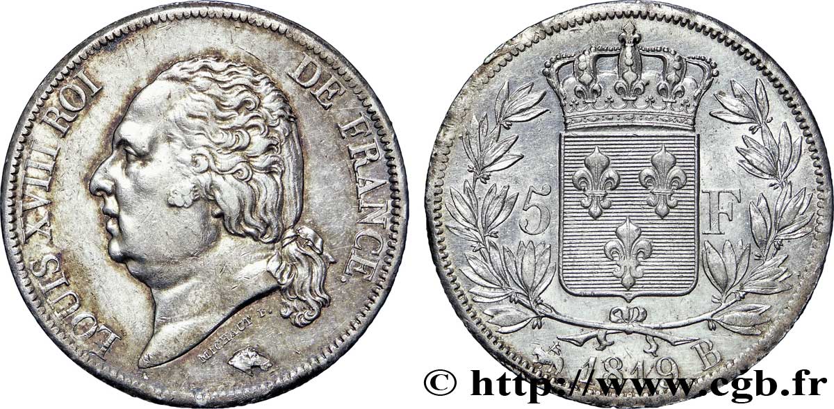 5 francs Louis XVIII, tête nue 1819 Rouen F.309/41 SS52 