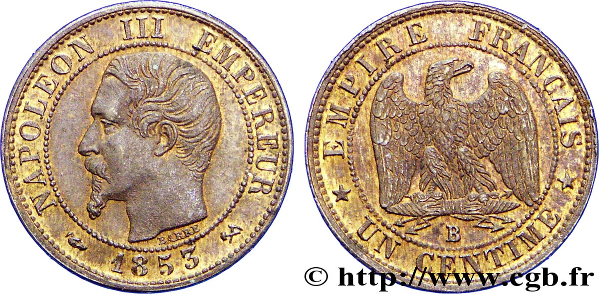 Un centime Napoléon III, tête nue 1853 Rouen F.102/2 VZ58 