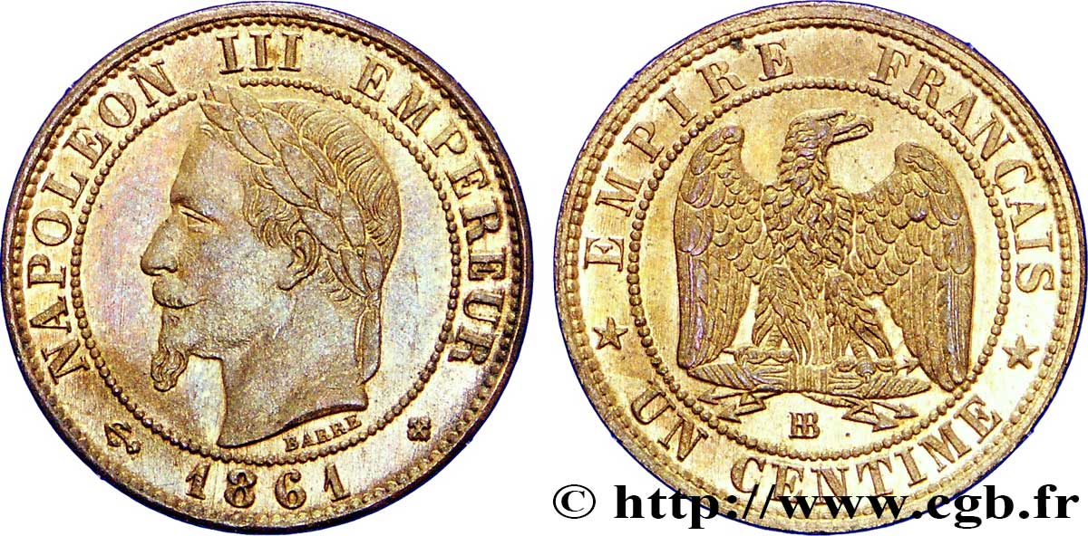 Un centime Napoléon III, tête laurée 1861 Strasbourg F.103/2 SUP60 