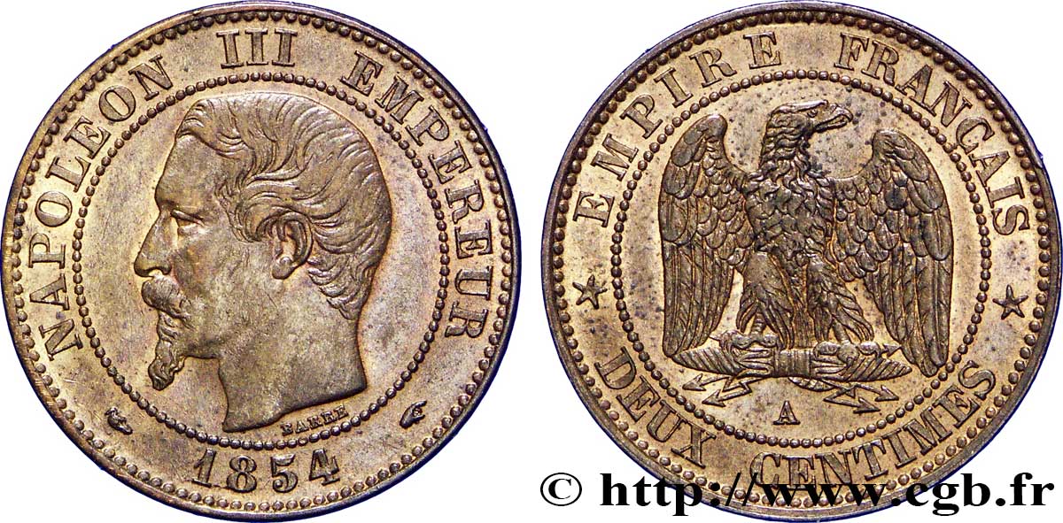 Deux centimes Napoléon III, tête nue 1854 Paris F.107/9 SUP58 