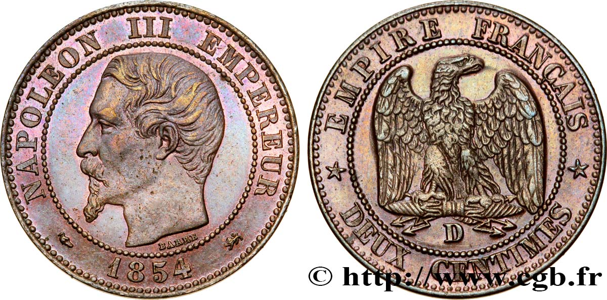 Deux centimes Napoléon III, tête nue 1854 Lyon F.107/13 SS50 