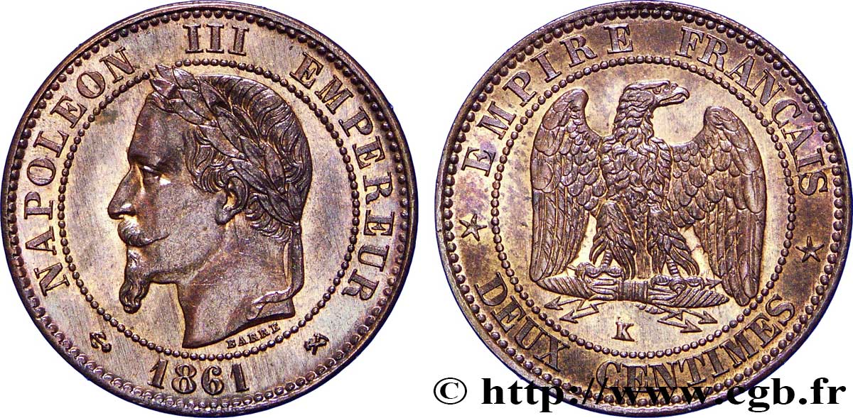 Deux centimes Napoléon III, tête laurée 1861 Bordeaux F.108A/3 VZ58 
