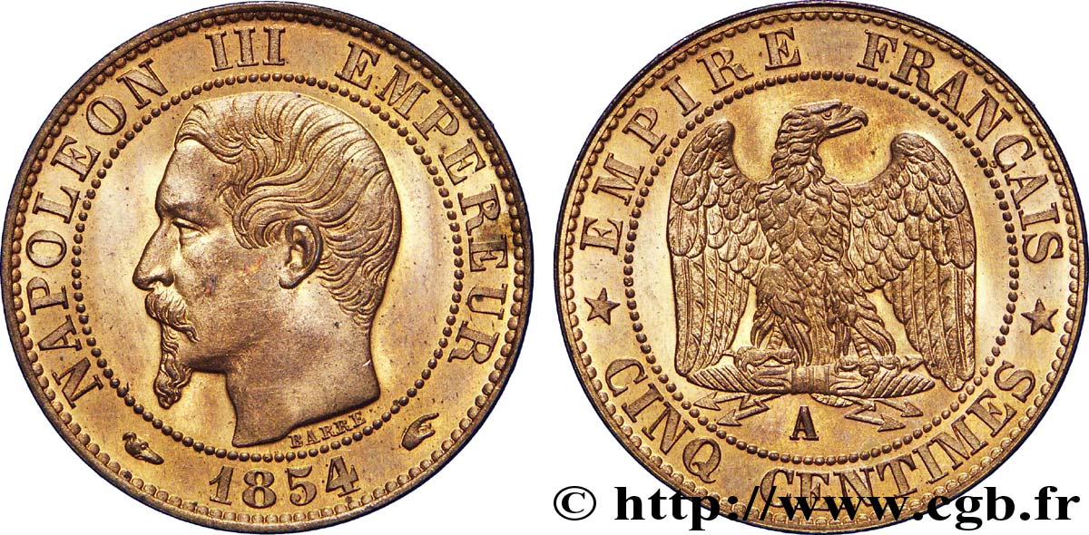 Cinq centimes Napoléon III, tête nue 1854 Paris F.116/8 SPL64 