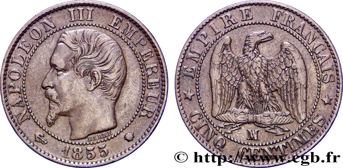 Cinq centimes Napoléon III, tête nue 1855 Marseille F.116/27 TTB45 
