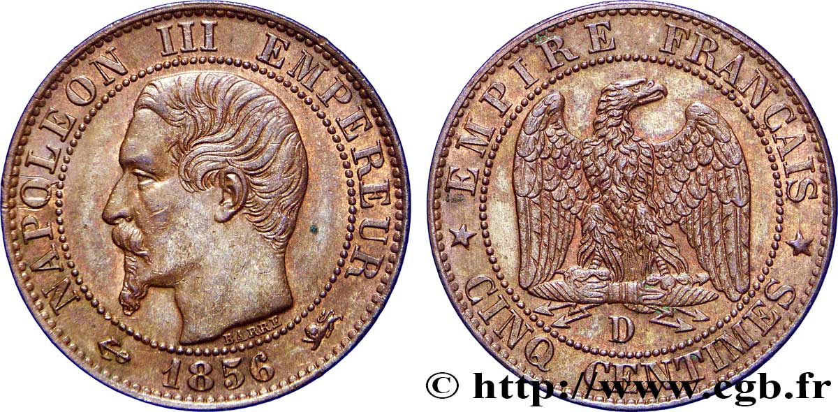 Cinq centimes Napoléon III, tête nue 1856 Lyon F.116/33 AU58 