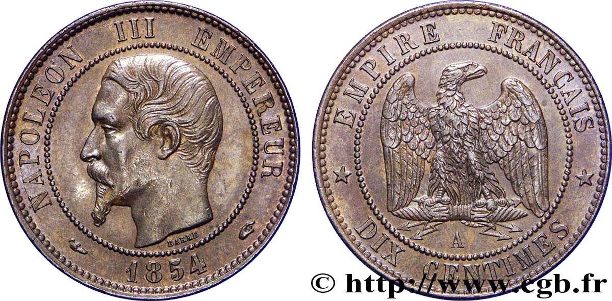 Dix centimes Napoléon III, tête nue 1854 Paris F.133/11 TTB50 