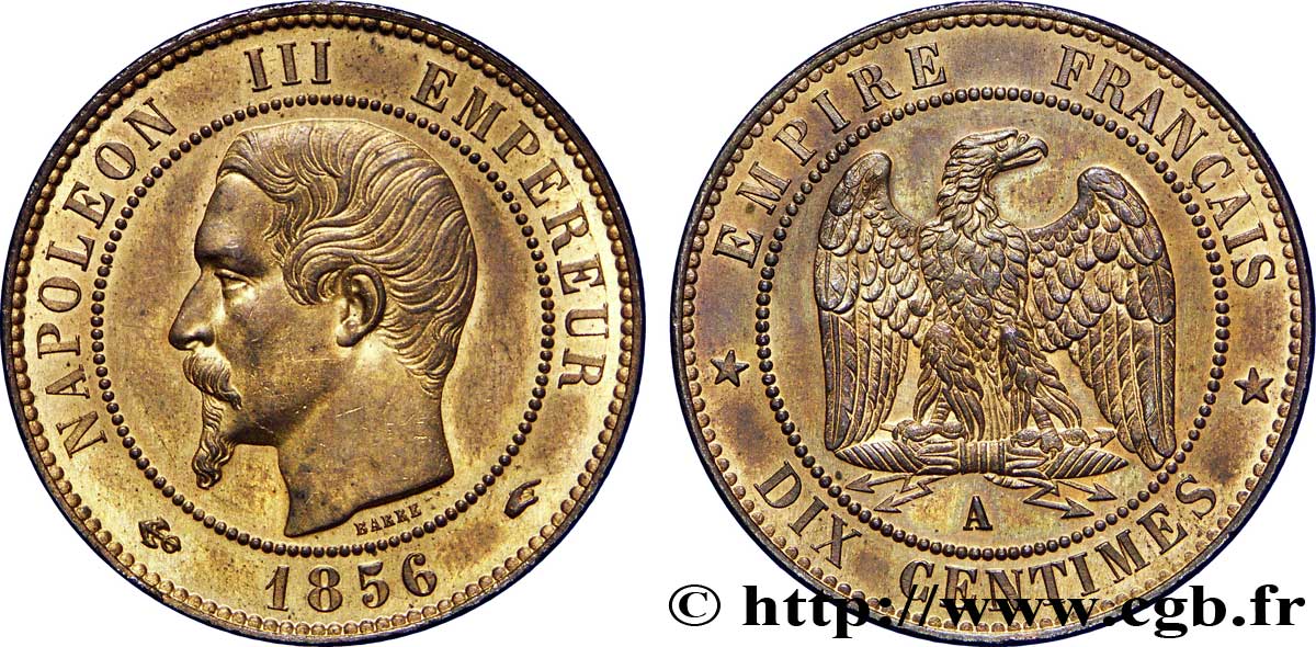 Dix centimes Napoléon III, tête nue 1856 Paris F.133/34 MS60 