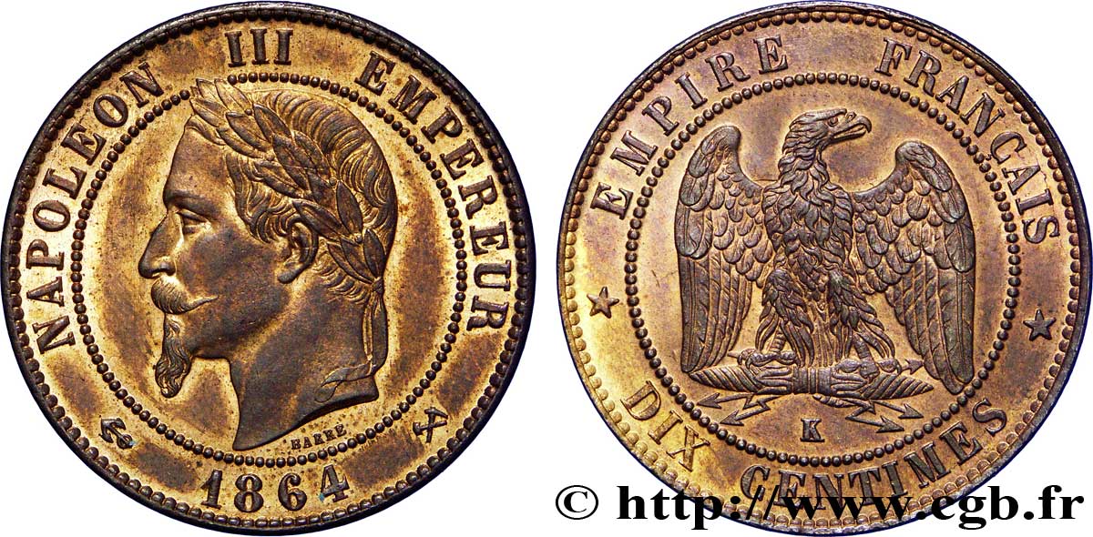 Dix centimes Napoléon III, tête laurée 1864 Bordeaux F.134/15 VZ62 