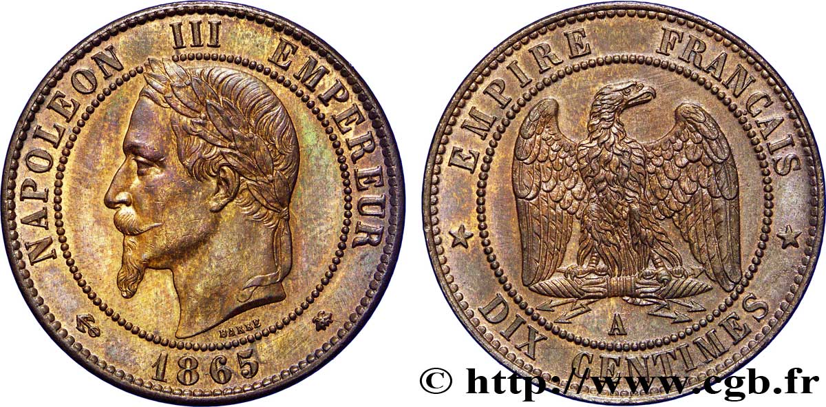 Dix centimes Napoléon III, tête laurée 1865 Paris F.134/16 SPL60 