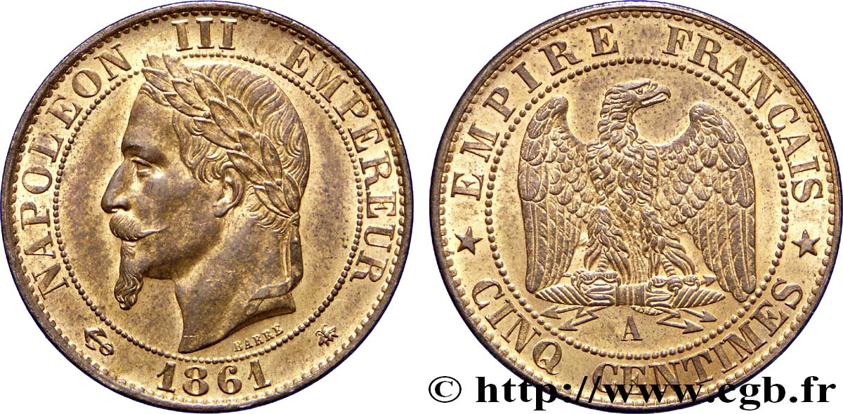 Cinq centimes Napoléon III, tête laurée 1861 Paris F.117/4 SUP58 