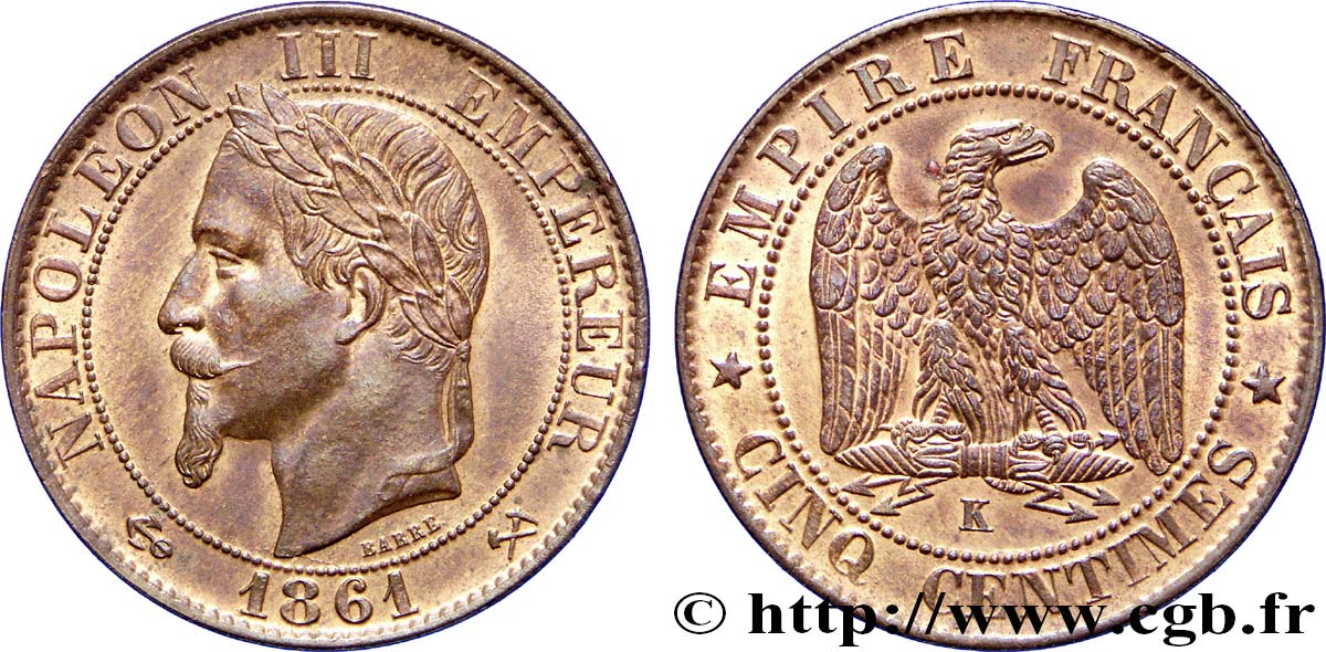 Cinq centimes Napoléon III, tête laurée 1861 Bordeaux F.117/6 SUP58 