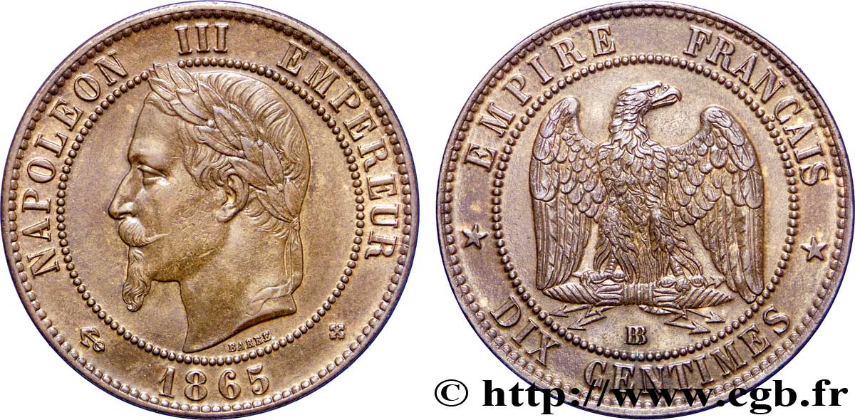 Dix centimes Napoléon III, tête laurée 1865 Strasbourg F.134/17 SPL55 